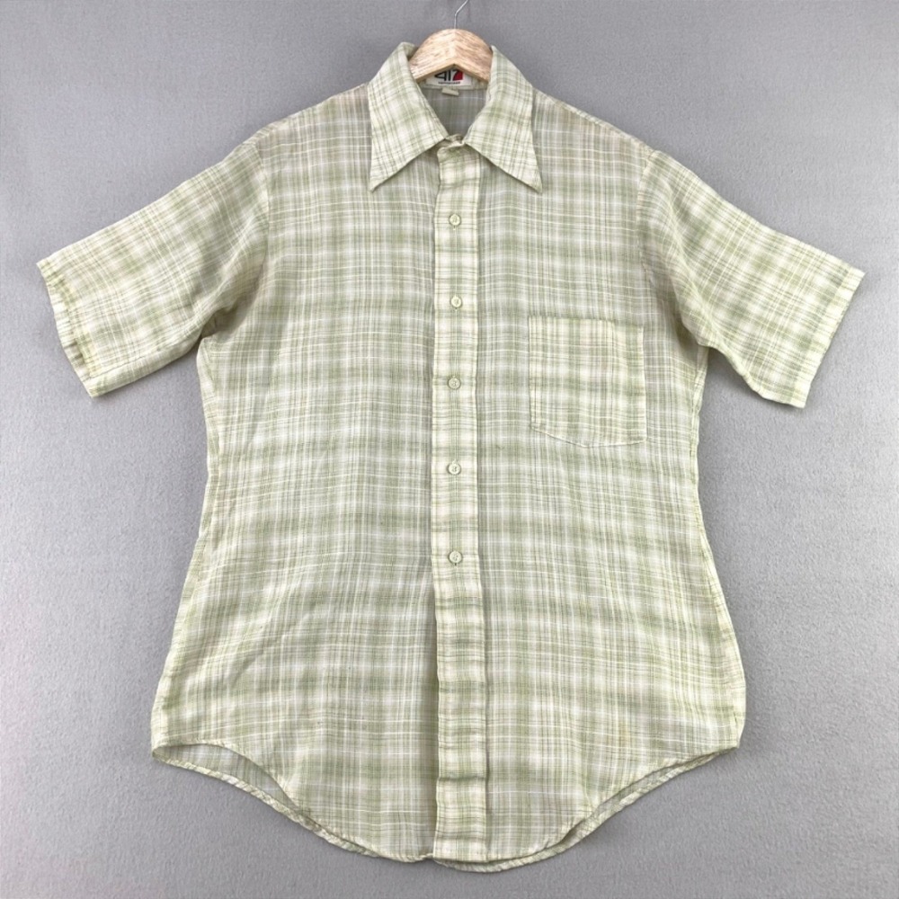 VTG 70s Van Heusen 417 Shirt Mens L Green‎ Plaid Short Sleeve Paper Thin Retro